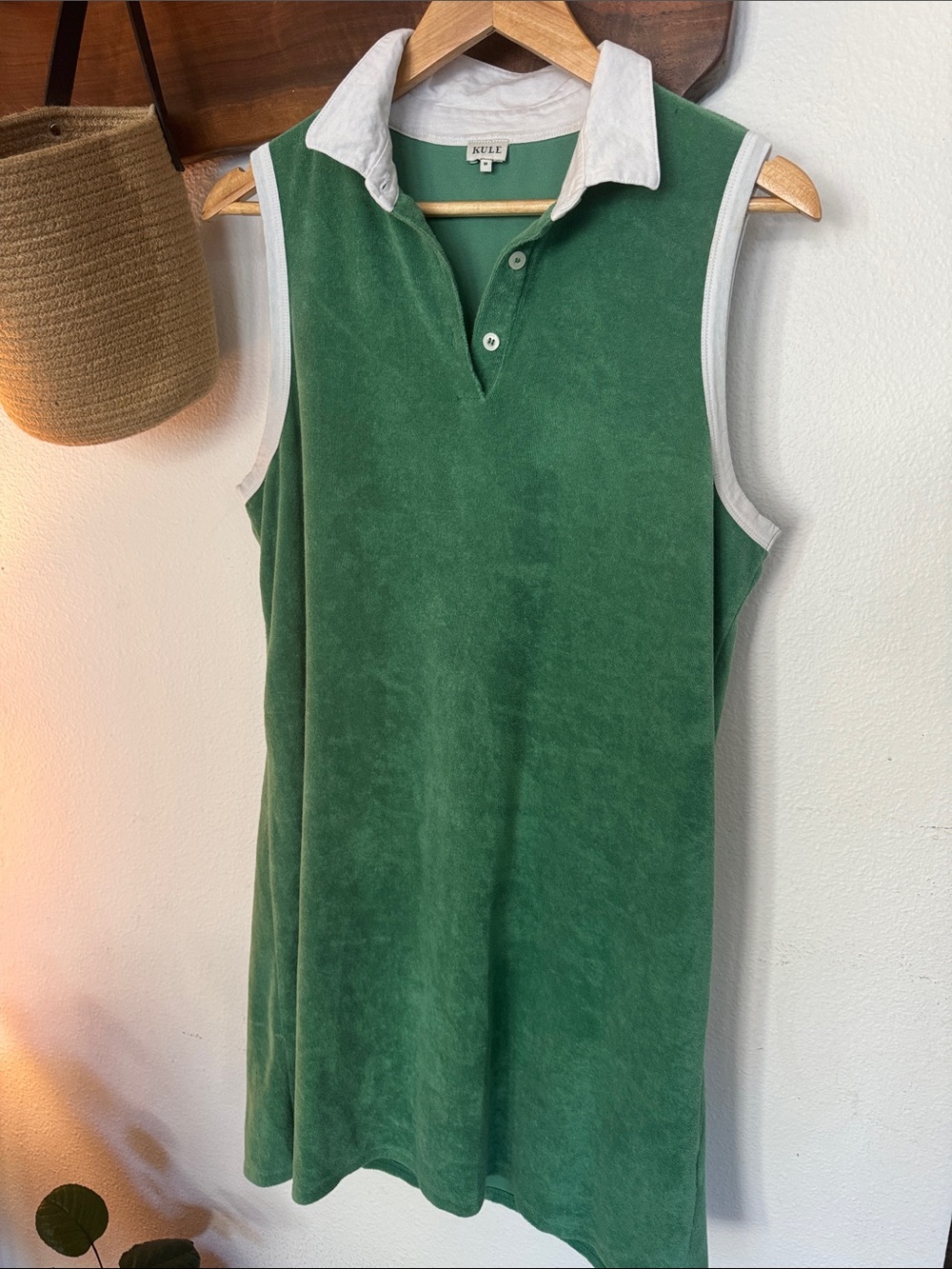 KULE Green Terry Cloth Polo Mini Dress White Trim Medium